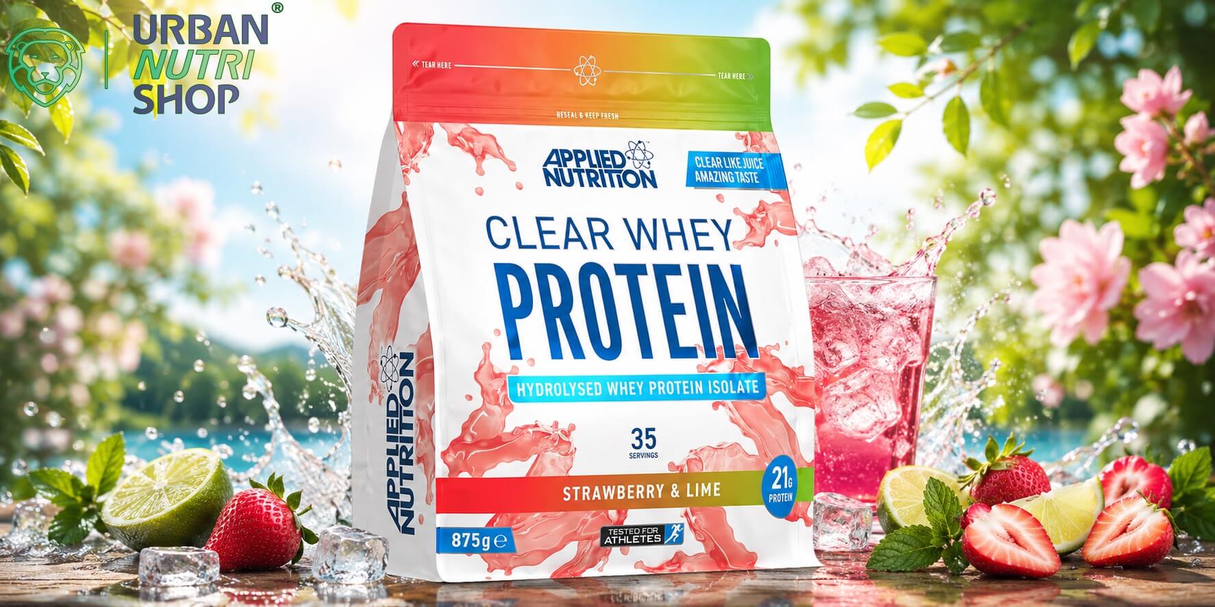 bannière de la clear whey fraise et citron vert applied nutriton proteine à la texture de sirop et jus de fruit en isolat hydrolisee